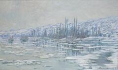 A sweeping winter river scene opens up from the foreground and sweeps away towards the left. Ice floes dot the river surface and snowy hills frame trees that stand along the riverbank in the middle distance. The palette of this painting is restricted to mauves, blues, greens, and whites.