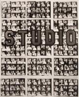 This image shows a collage of portraits in a storefront window labeled "STUDIO."