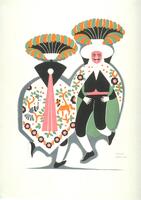Centered in the page in this print are two figures in matching costume, one facing the viewer and one away. They are each dressed in a black suit with pink cumberbund and white socks and gloves. Each figure wears a cape with green interior; the back is white with vegetal and animal motifs in orange, pink, green, grey and black. On the left, the more-visible cape has a grey bird on one side and an orange horse on the other. As visible on the left figure, who faces away, there is a large black collar on the cape in the shape of a triangle, and off of the collar hangs a long pink piece of fabric.  Both figures wear white hats—shaped like umbrellas—that have large plumage of black, orange and green coming from a pole off the top. Lastly, as seen in the right figure, they wear a pink mask with a mustached face.