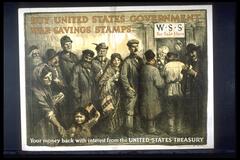 Text: Buy United States Government War Savings Stamps - W.S.S. For Sale Here (on sign) - Your money back with interest from the UNITED STATES TREASURY