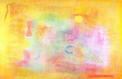 This abstract drawing looks like it is on a golden yellow paper with washes of soft colors such as light pink, red, green, and blue. The washes have a texture like netting, and there are various shapes in the drawing such as a C, a circle, and a squiggle. 