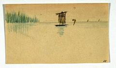This is a drawing of a sailboat in water with tall green grass to the left of the sailboat. This drawing is on tan paper and would have been used as a place card as at a dinner party.