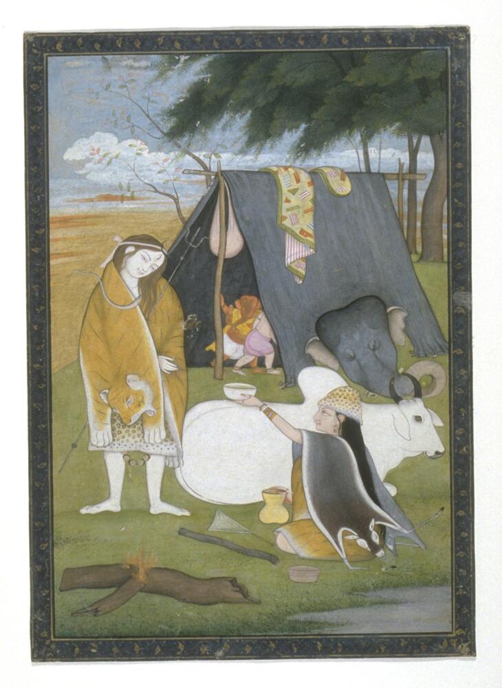 In this idyllic scene, the goddess Parvati offers her husband Shiva a drink, as they enjoy a quiet moment together. Their children, the elephant-headed Ganesha and Skanda, play inside a tent made from the hide of an elephant demon that Shiva had slain. Both parents are clothed in animal skins, the garb of mountain-dwelling ascetics, while Shiva is further adorned with a long necklace of skulls and a snake.