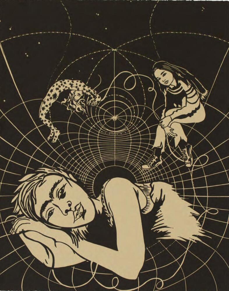 No. 27 of a series of 27 prints. A simple, two-tone palette. Three female figures appear to be floating in space, with a web-like vortex surrounding them. At the bottom, a&nbsp; female figure looks at the viewer while resting on her side, with her left arm below her head. Behind her is another woman covered in splotches and doing a backbend. The third, young woman sits with one leg over the other and leans forward.<br />
Sultana&#39;s Dream was printed and published by Durham Press in 2018.