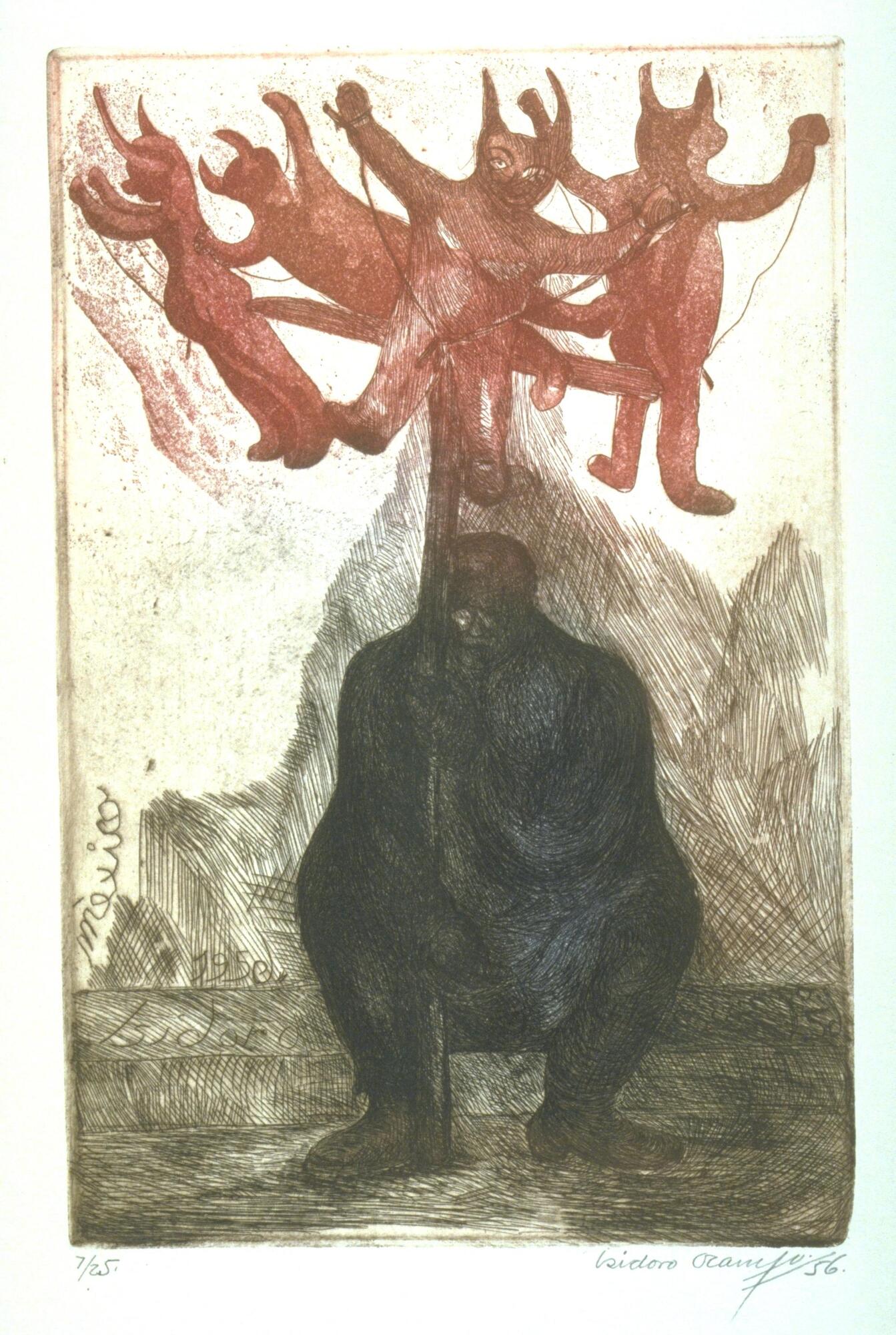 At the center of the print a large dark figure sits in a shadow. He is holding a stick that has four small red, horned figures attached to the top. The print is located and signed in the plate (c.l.) "mèxico / 1950 / Isidoro" and editioned in pencil (l.l.) "7/25" and signed and dated in pencil (l.r.) "Isidoro Ocampo/56.".