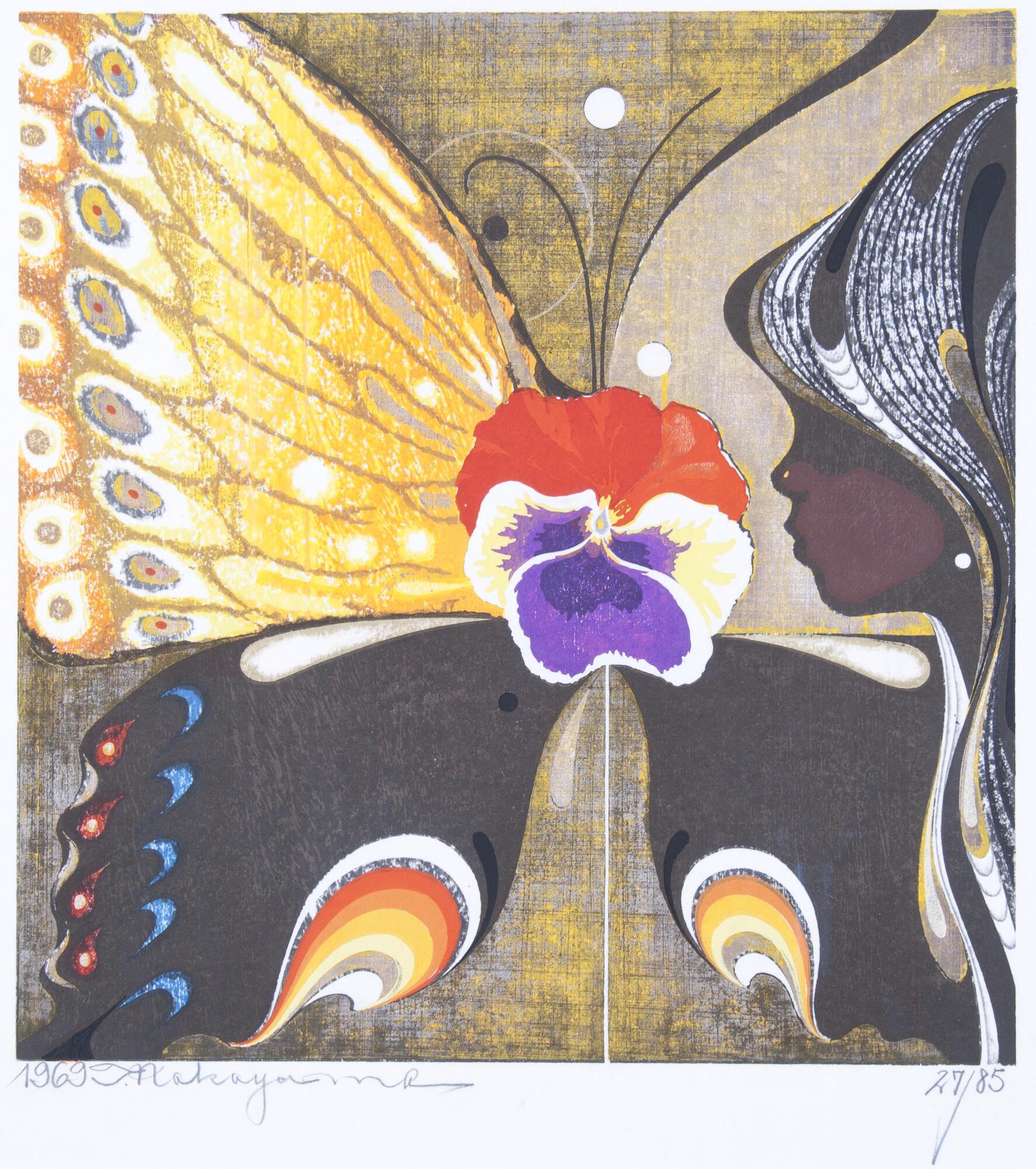 A girl with her head in profile, her black hair is highlighted with white, brown, and gold highlights. A large butterfly takes up most of the background; it is yellow, tan, and brown and has patterned designs. Where the body of the butterfly should be is a red, purple, white, and yellow pansy. The background behind the butterfly is faded gold.