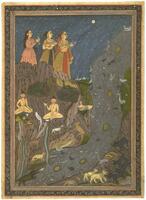 In this intensely lyrical painting from Bundelkhand in Central India, the great river is shown tumbling from the night sky. Ascetics sit cross-legged on the mountainside, offering their austerities to Shiva, while women come to venerate Ganga. The river teems with life—crocodiles, turtles, fish, and birds—while lions, leopards, jackals, monkeys, and rabbits cavort on its banks.