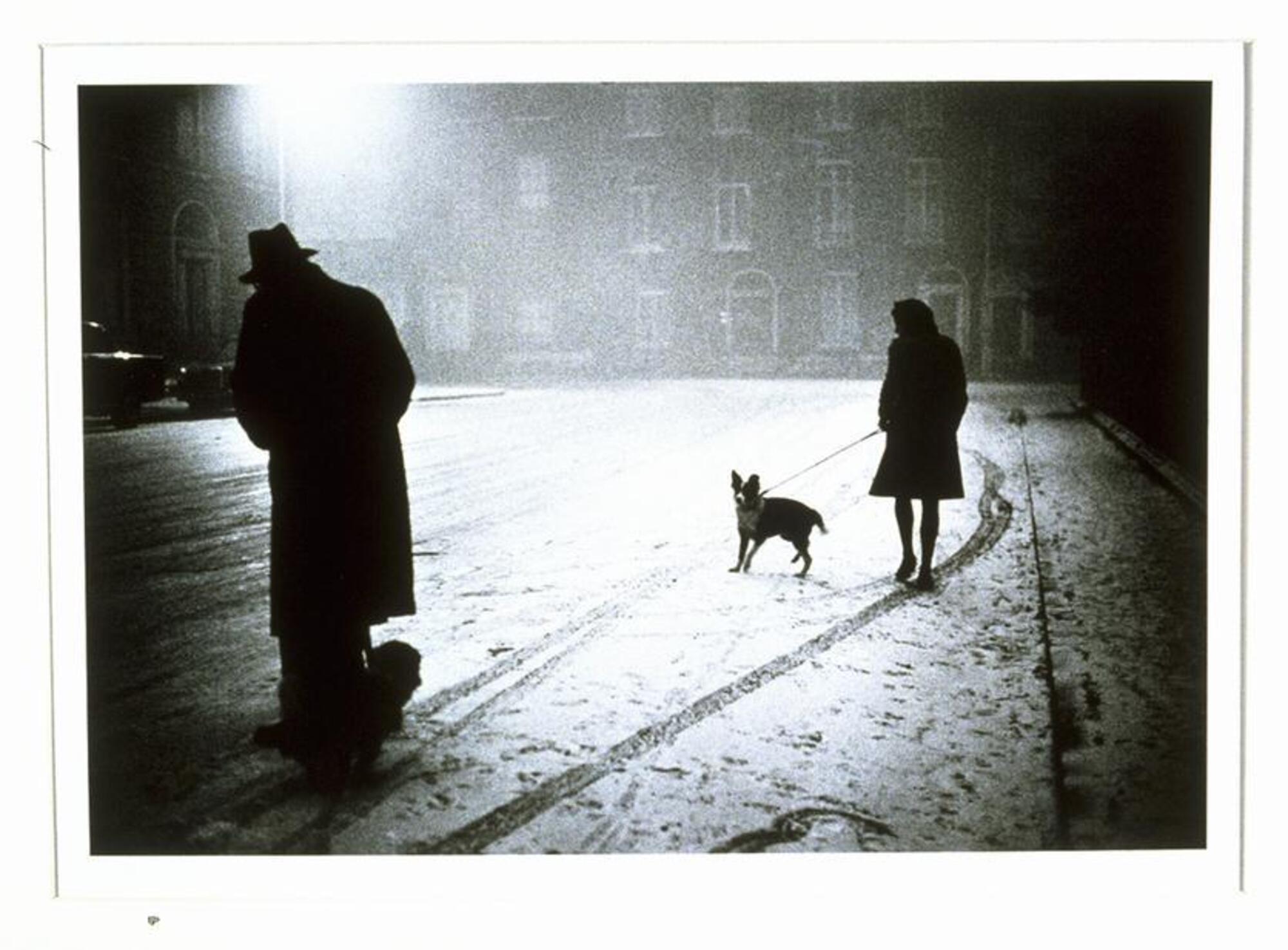 This photograph depicts a view of a snowy street at night.  Meandering in opposites directions, a man and woman are walking their dogs.