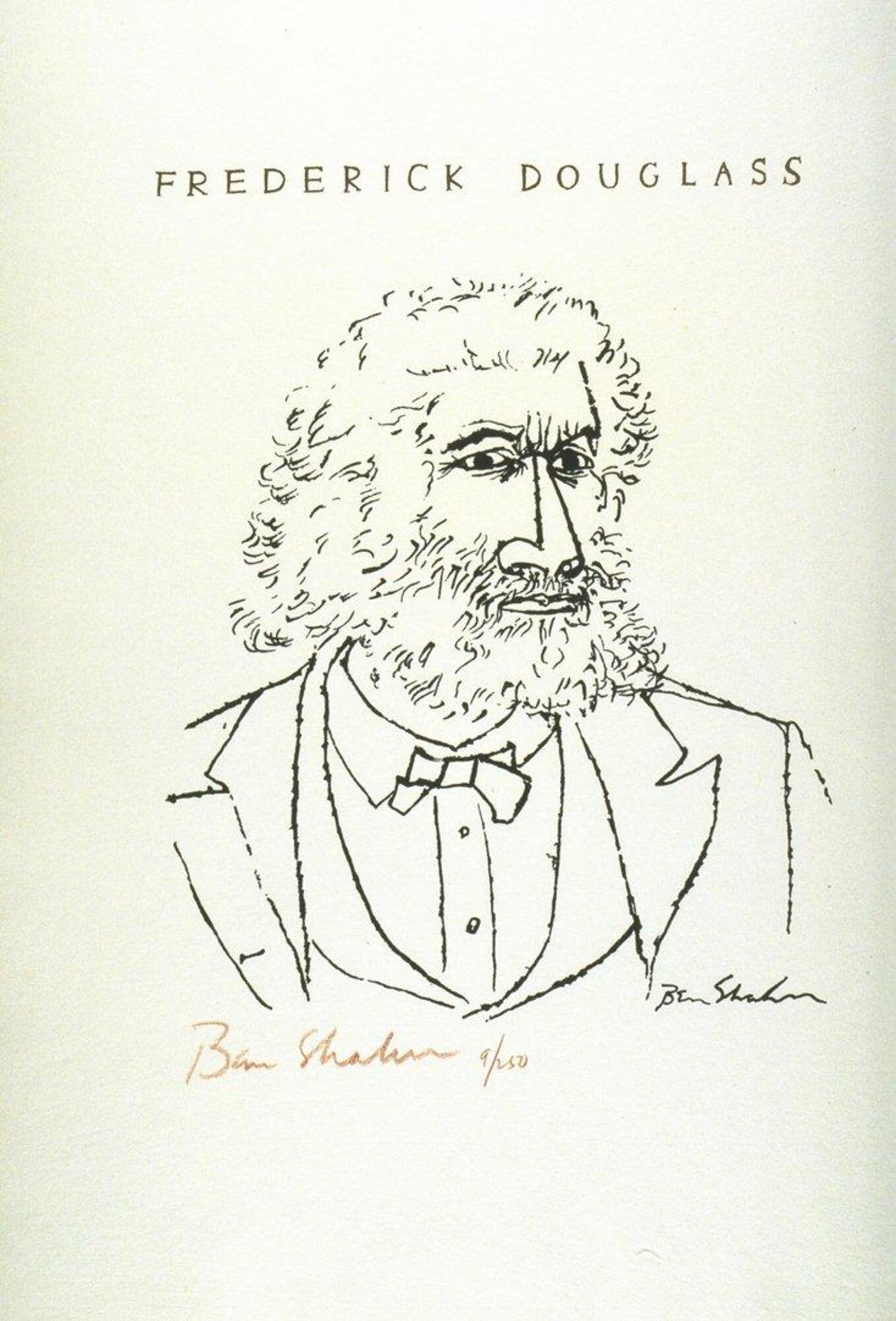 A man is potrayed with curly hair and beard, a stern facial expression, and a formal suit and bowtie. His head and gaze is turned to the right of the piece. The words &quot;Frederick Douglass&quot; borders the piece along with the artist&#39;s signatures and the screenprint number.