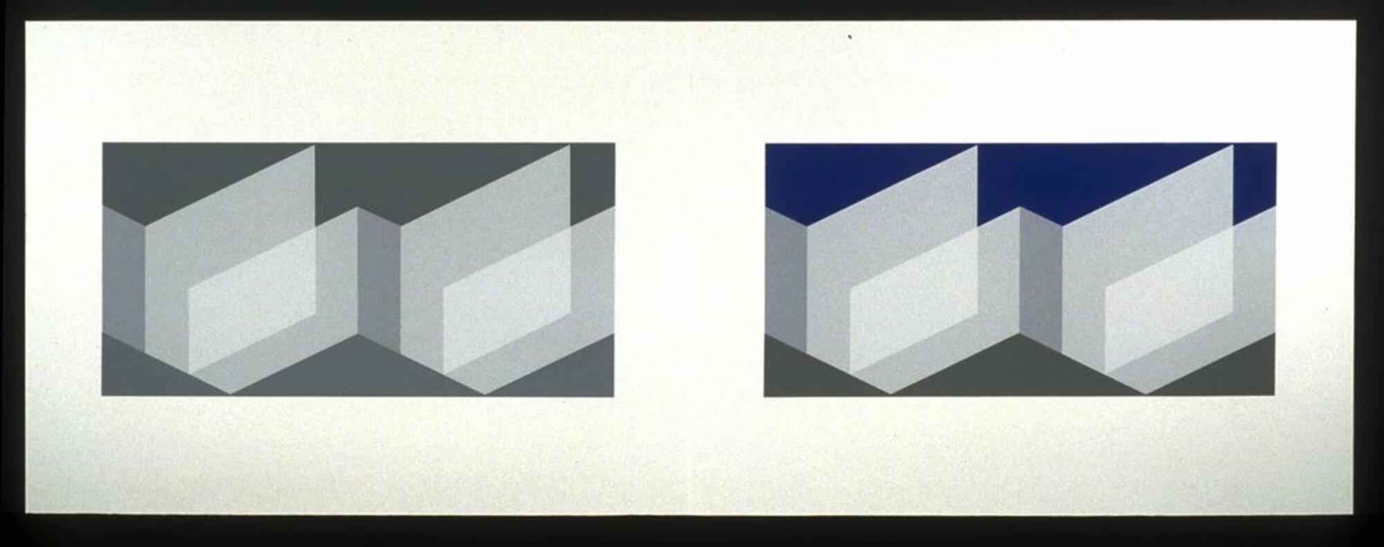 On a long white horizontal piece of paper are two rectangles. On the left the rectangle is in shades of grey and on the right, in shades of blue and grey. Within each are geometric shapes in white that look like vertical boxes. 