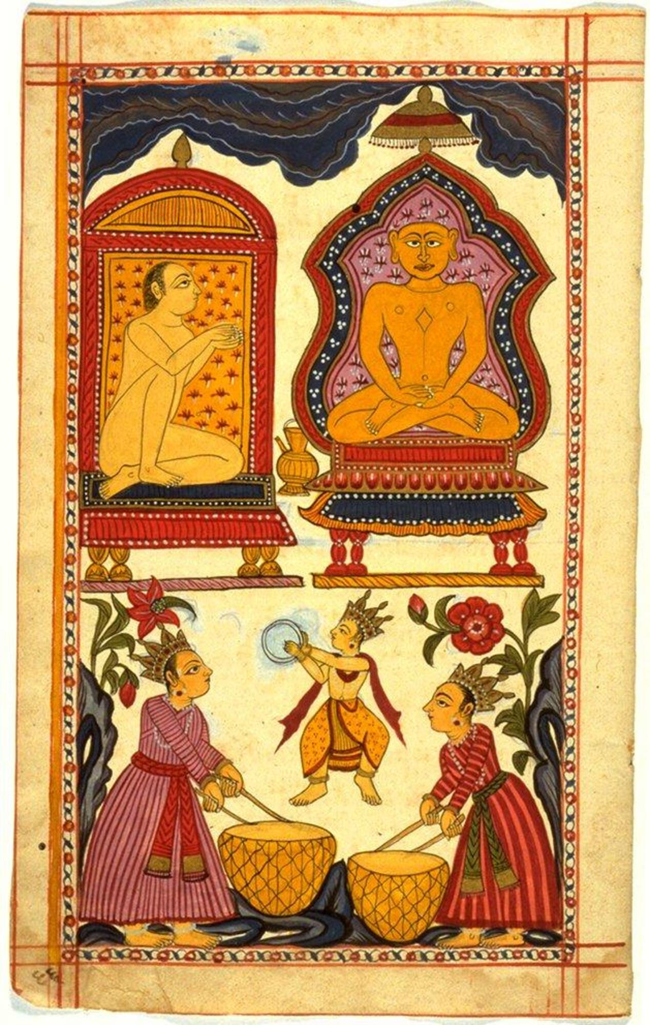 Multi-colored ink on paper. Reds and golds make up the primary focus colors and are accented by dark blues. Features five figures, two larger figures on the top half of the page and three smaller figures on the bottom. Scene of worship.