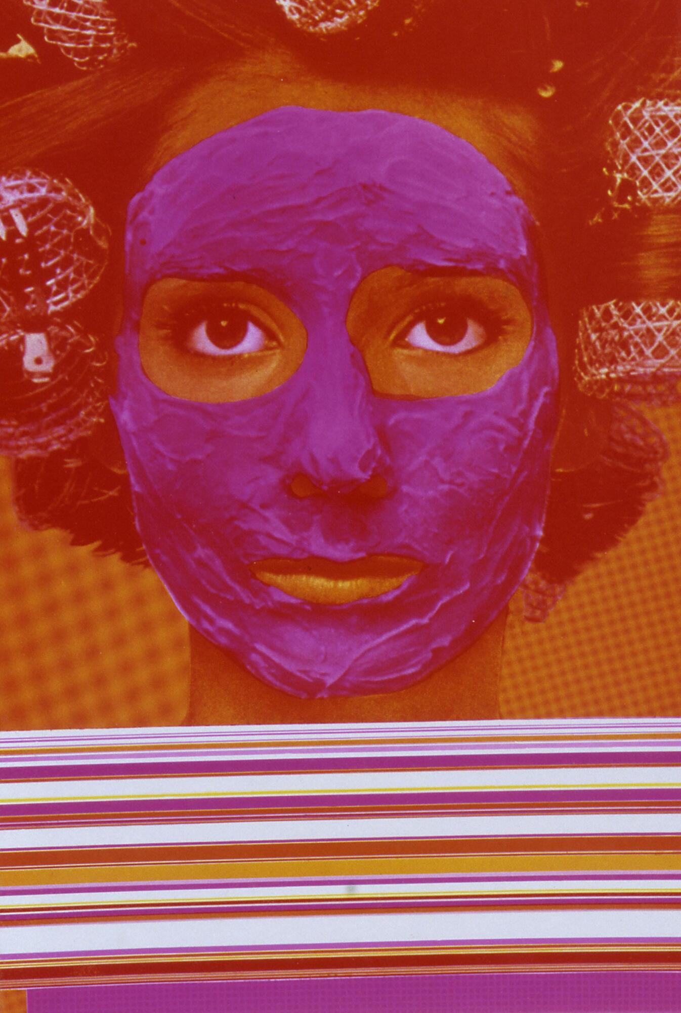 Photolithographic print in pink, orange, white and yellow with a face of a woman at the top and horizontal stripes then a grid at the bottom. The woman has metal curlers in her hair and a cosmetic face mask on, which is pink, in contrast to the orange image.