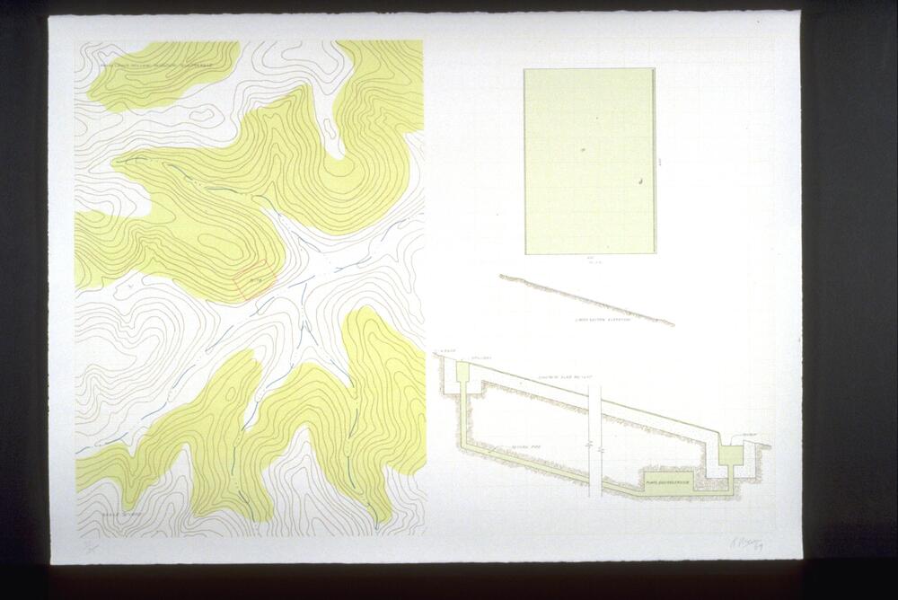 This lithograph on white wove paper is horizontally oriented with a grid of light gray lines on a white background. On the left side is a contour map with green areas and blue dotted lines. There is a small red rectangle in the center portion of the map.  On the right side there are three diagrams. One is a cross section of an incline with underground piping and two spouts, one at the top of the slope and the other at the bottom. Another diagram shows a thick diagonal line, imitating the slope of the incline. The third diagram is a green vertical rectangle. There are word labels throughout this work. <br />