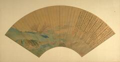 In this fan painting mounted as an album leaf, a fishing boat is moored at shore. Water stretches to the right, and above it calligraphic text recounting the story of Peach Blossom Spring. To the left of the boat, are green riverbanks, blossoming peach trees, and a man in a small cave.