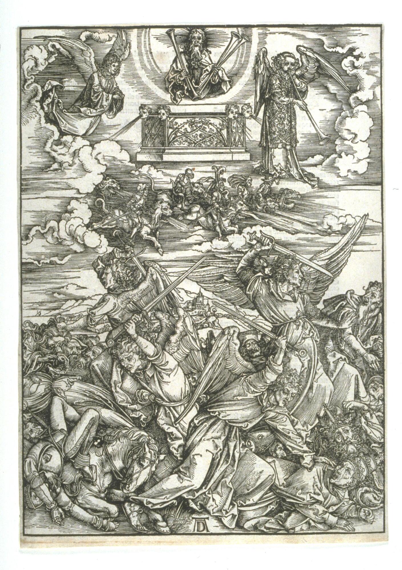 This woodcut print is vertically oriented. The upper half of the piece is celestial with an angel standing on a cloud blowing a trumpet. Men on fire-breathing beasts exit from the clouds. At the very top center, a white-bearded figure, shown from the torso to the head, holds four trumpets. Rays emanate from his head to form a halo, and he is framed in a half circle. Directly below him is an altar with vines on the sides and four child-faces spitting water out. The upper right corner features an angel blowing a trumpet and the upper left features a smiling angel with hands clasped in prayer. The lower half of the print is terrestrial and depicts a chaotic battle scene. Four angels with wings and swords attack a crowd of men, including a pope, a bishop and a king, as well as commoners. These figures are all crowded into the foreground with contorted postures. There is a city on a hill visible in the distance. The center bottom has D&uuml;rer&rsquo;s signature of letter &quot;D&quot; contained within a letter &q