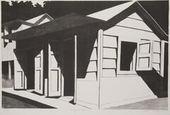 A black and white lithograph print of a house angled to the right.  The right side has windows with open shutters that cast shadows.  The face of the house is slightly shaded by a small porch, and two shuttered doors are open.