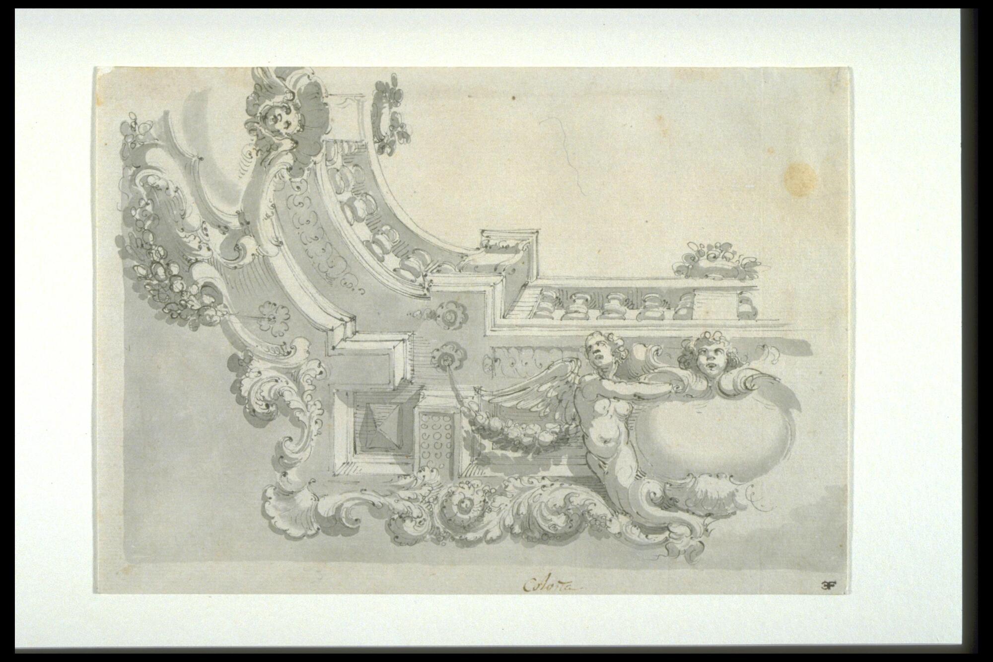 Seen from below, the drawing shows an illusionistic painted corner of a ceiling.  A balustrade below which are architectural details including putti, swags, and acanthus leaves.