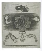 This vertically-oriented etching shows an abstracted body made up of different parts. Behind the torso of the figure is dark black shading. The print is titled, numbered, signed, and dated in pencil at the base of the print.