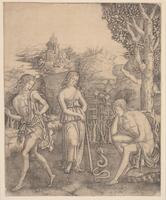 An engraving depicting a man sitting below an apple tree and conversing with a human-headed serpent. He is observed by a woman in drapery and a man who appears to be running away. In the distance there is a large fortified city.