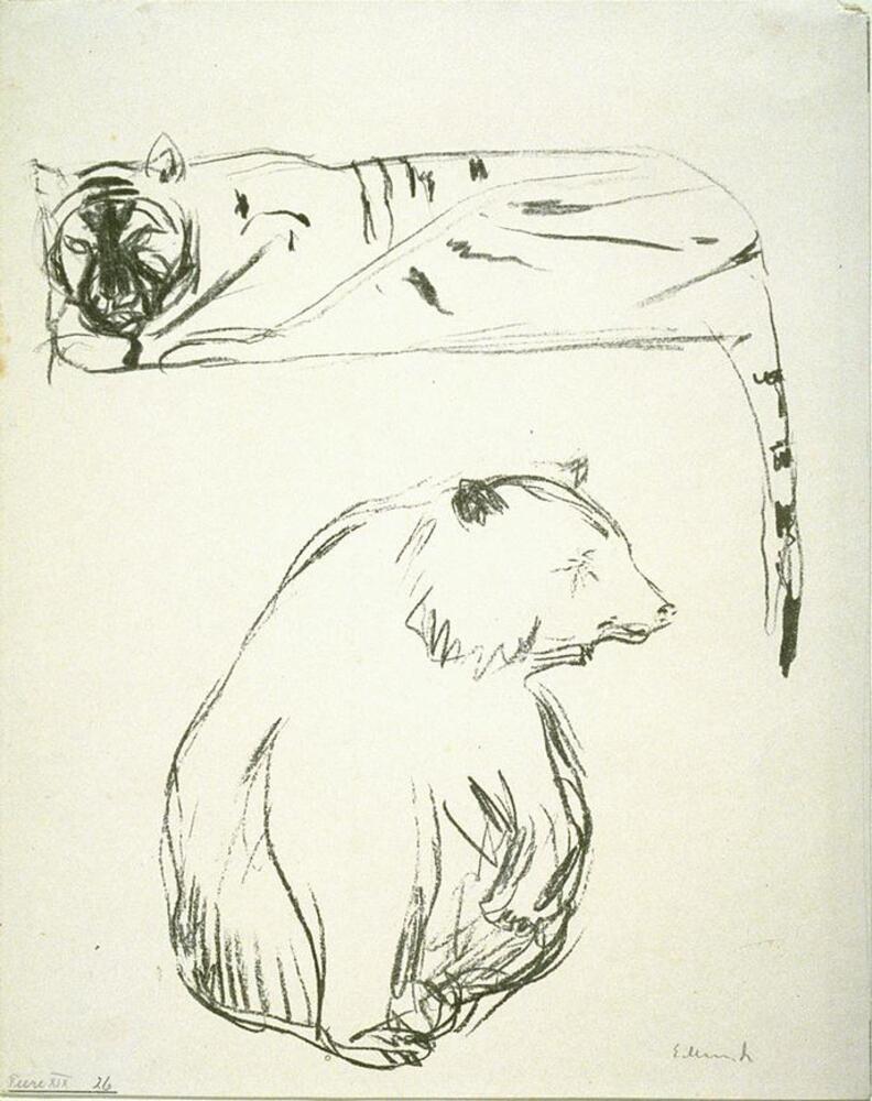 This lithograph contains drawings of two animals. At the bottom center, there is a bear sitting and looking to the right. Along the top of the print, there is a tiger laying down on an unseen surface, its tail hanging down on the right. The print is signed (l.r.) "E. Munch" and numbered (l.l.) "Tiere XIX 26" in pencil.