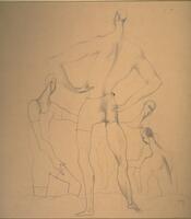 This drawing shows four male bathers. The largest figure stands in the center with his hands on his hips and back to the viewer. He faces three figures who are standing a little farther and lower on the beach. The figures are lean and muscular with elongated limbs.