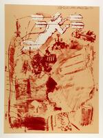This color lithograph depicts images of an old fashioned space shuttle, a man hanging on to two arrows, a face, and the American flag. Done in red and white ink with beige paper. The print is signed, editioned and dated in pencil (u.r.r) &quot;RAUSCHENBERG &nbsp;72/75 &nbsp;70&quot;.