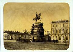 Photograph depicting an equestrian statue of Nicholas I of Russia in St. Isaac Square, Saint Petersburg.