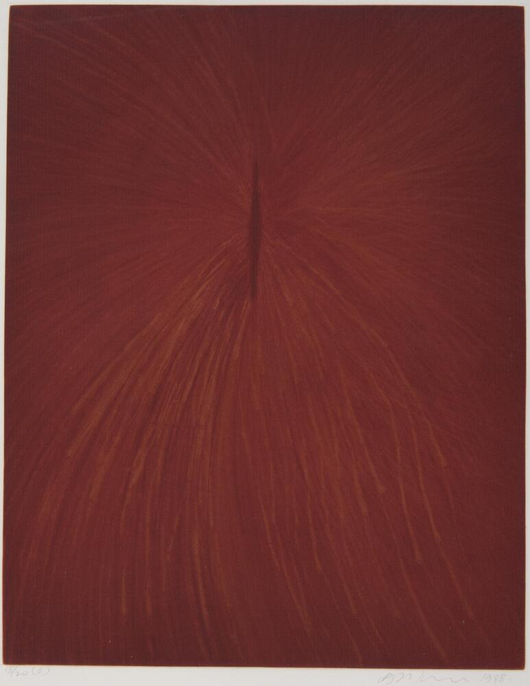 The print is colored a dark red with lighter streaks sweeping out from a point slightly above the center.