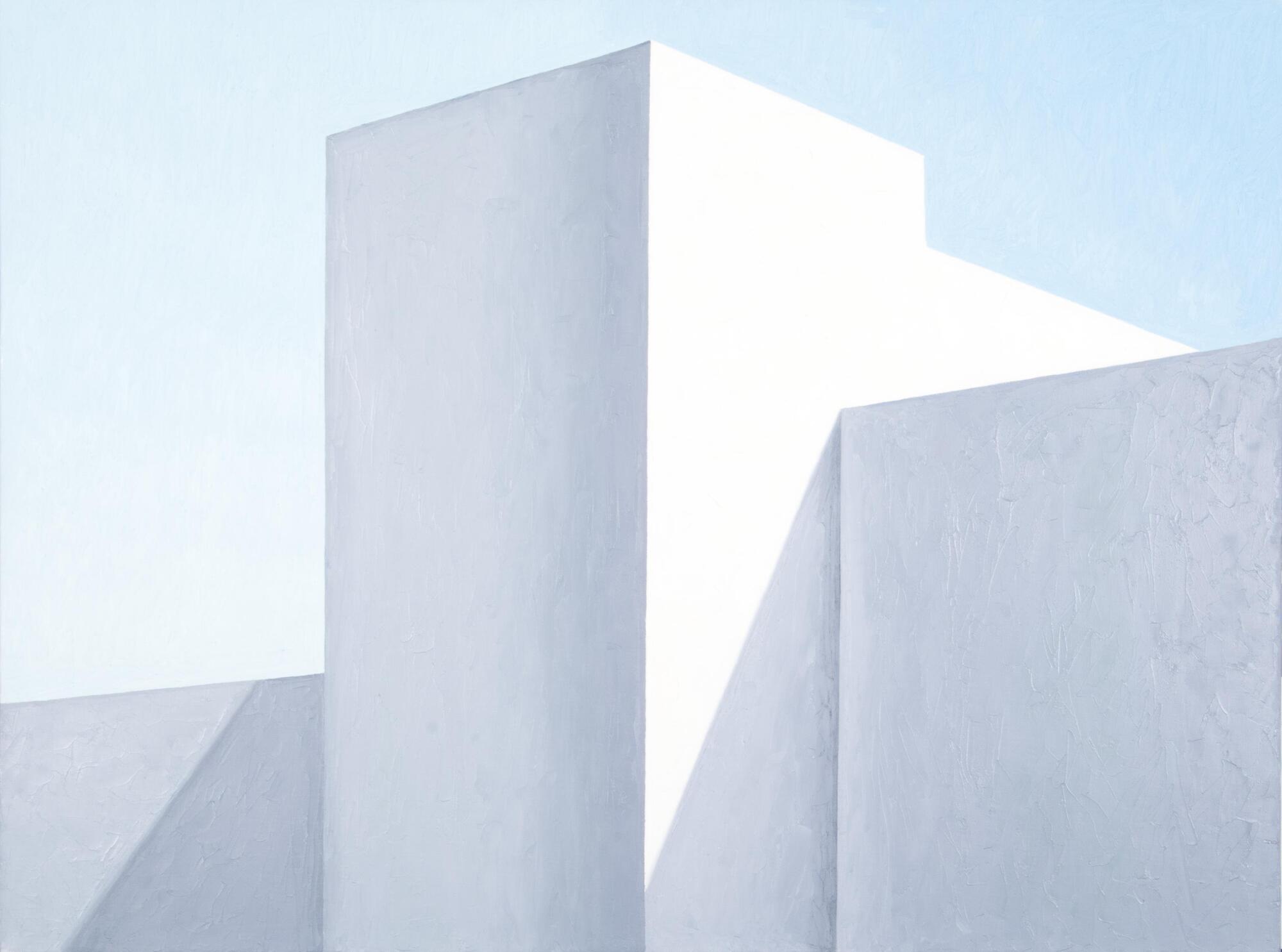 An abstract oil painting of a blank, windowless building.