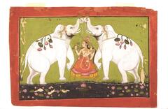 The white elephants, which draw the eye into the image, face toward the center leading the viewer to Lakshmi who is the central figure in the frame. The image is bordered by a red colored frame. And below the figures, in the background is a dark banded representing a pond.