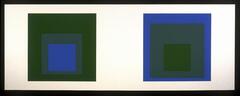 On a long white horizontal piece of paper are two squares: on the left, a green square and on the right, blue. In each are nested squares. 