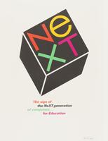 A rendering of a black cube with &#39;NEXT&#39; spelled in colored text across its face. Below, in colored text, it reads: &quot;The sign of the Next generation of computers...for Education&quot;.