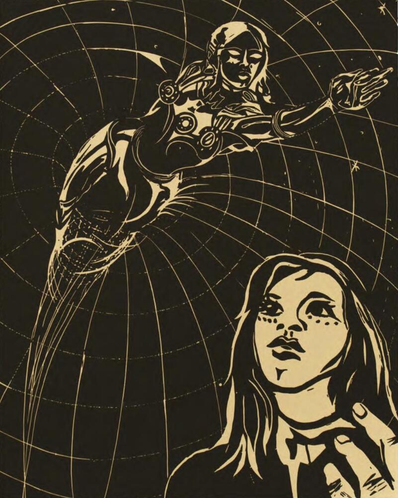 No. 18 of a series of 27 prints. A simple, two-tone palette. A woman peers up from the lower-right corner of the image.&nbsp; Above her a female figure soars through space as she gestures with her extended left arm. She is surrounded by a web-like vortex.<br />
Sultana&#39;s Dream was printed and published by Durham Press in 2018.