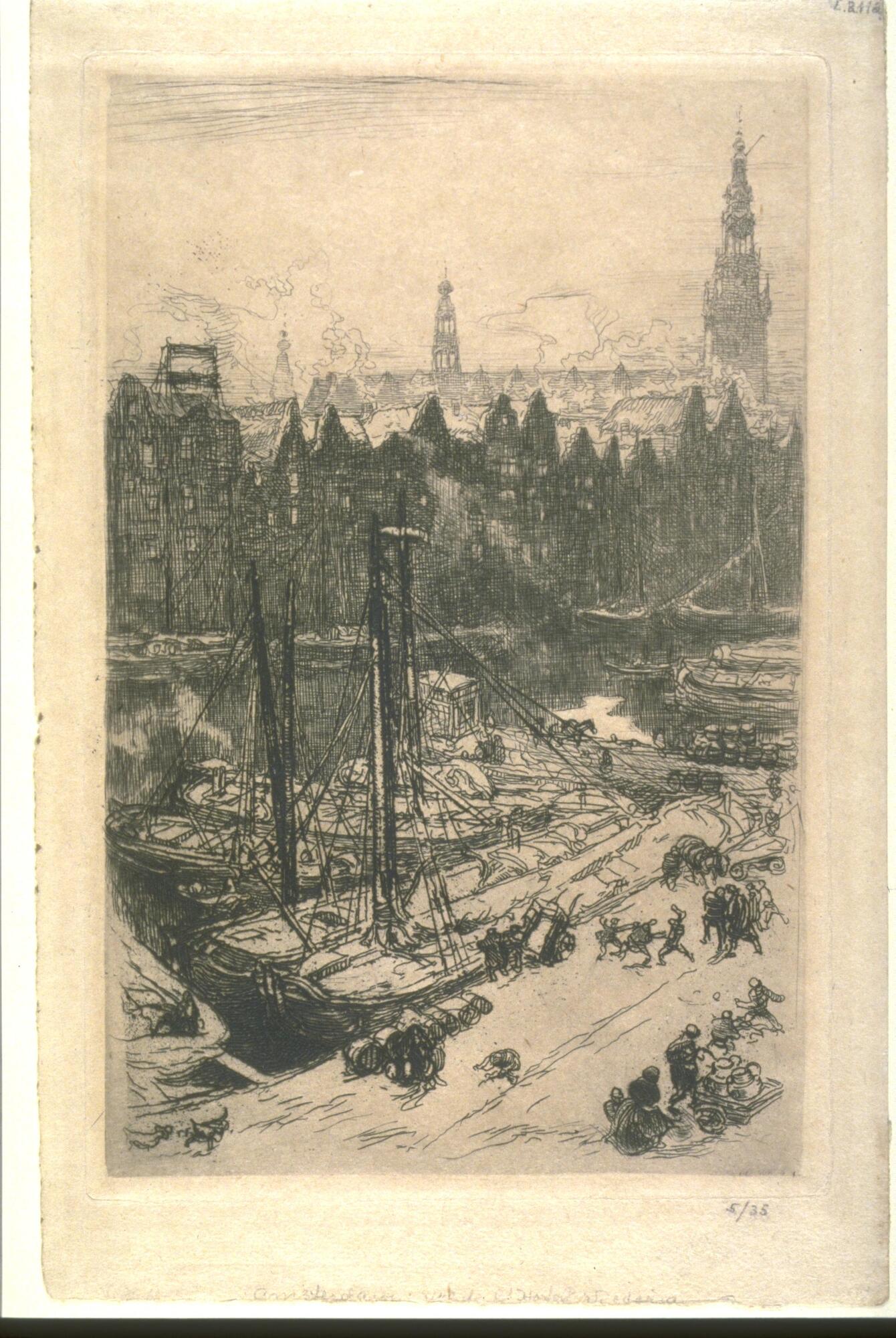 In the right foreground, cutting across diagonally, is a pier with figures moving around. At the pier are some ships, and in the middle ground is a strip of water and a row of darkly shadowed buildings. In the background are some faint towers that jut into the sky.