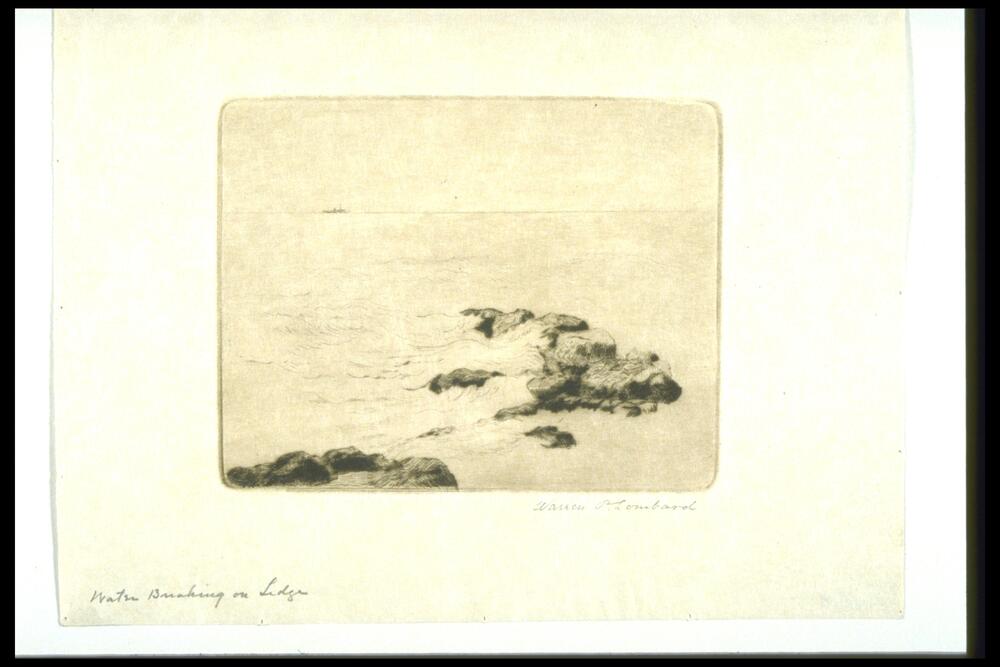 This print shows a rocky ledge in the Atlantic Ocean with a tiny lighthouse visible on the horizon.