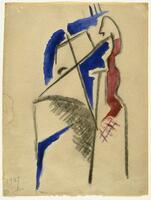Abstract drawing of an object with black lines and sections of blue and red. There are also some crosshatching in charcoal as well as in the red and blue watercolor. Dated in pencil (l.l) "1907".