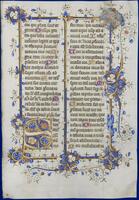 Double-sided illuminated manuscript leaf with two blocks of Latin blackletter script&nbsp;framed by floriated borders of blue, red, and gold leaf featuring interlace and an&nbsp;illuminated initial.