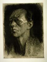 This etching is a portrait of a woman; just her face is visible. The background is almost solidly black, and the darkness encrouches on the portrait. The woman looks off the left of the page, and a small earring is visible on her right ear. The print is signed in pencil (l.r.) "Kathe Kollwitz".