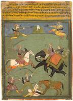 A battle scene with a number of figures painted on different planes. Horses, elephants, swords, shields, guns, and an injured man populate the image. The scene is intense--a figure is shown as stepping on the body of the maimed fighter in the bottom-center of the image. The stances and gestures overall register movement and action.