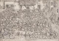 This woodcut depicts a town square surrounded by buildings on the top and right edges of the composition as though viewed from above. Within the square is a field delimited by a fence in which a multitude of figures and figures on horseback are engaged in a chaotic battle. Several figures direct large lances toward other figures. Crowds of young and old and male and female figures watch the action from behind the fence and from within doorways, balconies and windows in the surrounding buildings.