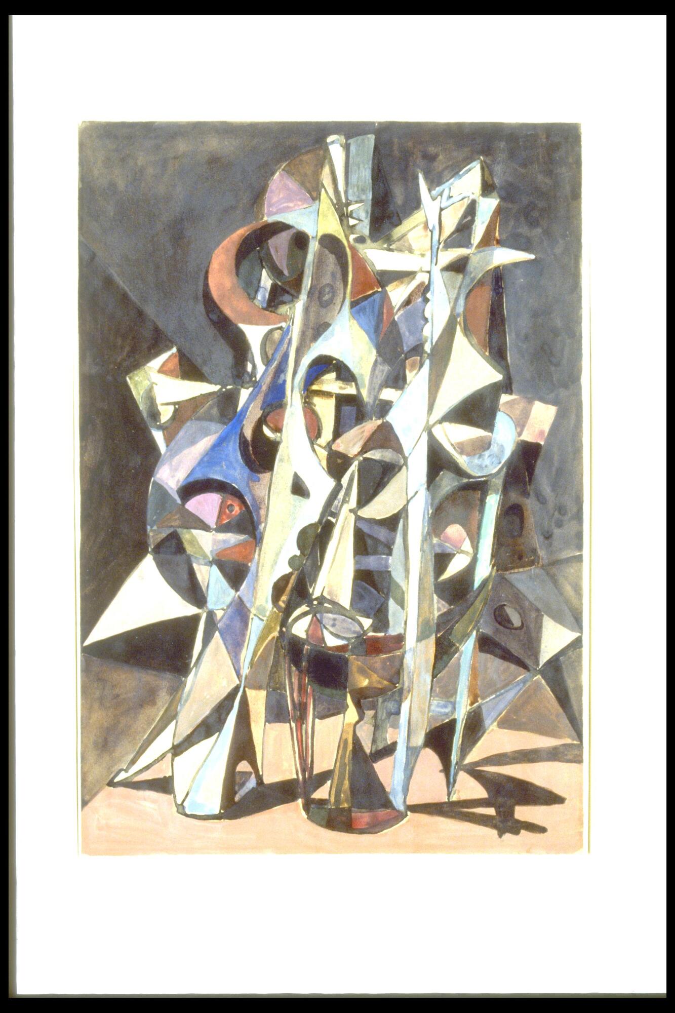 This abstract composition shows a fantastical, surreal structure comprised of angular shapes in many colors. A shadow is cast on the brown surface upon which the structure stands. 