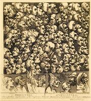 This is a black ink print on a cream colored background, filled with images of human heads.The upper portion contains a multitude of facial profiles with various features and expressions. At the bottom, there are seven men, depicted larger than the others and text at the bottom of the page identifying the figures on the left as "Characters" and the ones on the right as "Caricaturas". Between the fifth and sixth figures there is a simple line drawing of a face. Another line of text reads: " For a Farther Explanation of the Difference Betwixt Character and Caricatura See ye Preface to Jo. Andrews".<br />