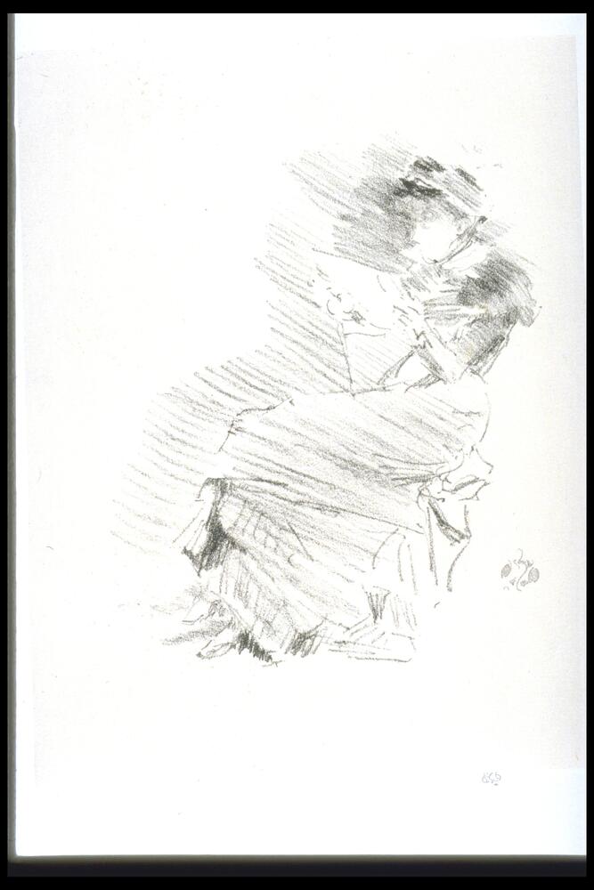 A seated woman in a long dress and hat sits in profie reading. Her body is positioned looking towards the left. Behind the figure is broad diagonal hatching lines that create a sense of space while leaving the specific setting undescribed. At the lower right is a &quot;butterfly&quot; signature of the artist.