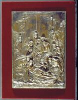 A small crowd of figures gathers around the body of a dead man and a fainting woman in the center of this bronze panel. The dead man&#39;s body and the two men holding his burial shroud appear in the foreground, while the fainting woman and the three women and the man who support her are positioned immediately above and behind them. Another woman with loose, flowing hair leans forward to kiss the left hand of the dead man, uniting the two parts of this central group. Four other male figures, rendered in slightly smaller scale and lower relief, look on from the sides. Three crosses provide the backdrop to the drama. The central cross is empty, yet two twisting nude males are suspended from the crosses on either side.