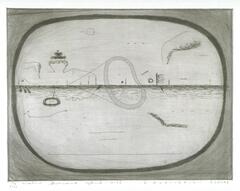 This etching has an oval shape that creates a frame around a surrealistic landscape. The print is titled, numbered, signed and dated in pencil at the bottom of the page.