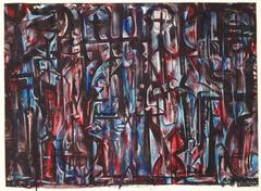 This abstract painting is a crowded design of red, blue, and black paint. The black lines function like leading in a stained glass window, creating structure for the red and blue paint beneath. 