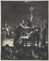 A man giving water to a seated boxer in the ring. The opponent is seated in the other corner of the ring.