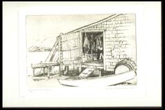 A fish-house emerges from the right side, occupying about three quarters of the print. An open door allows the viewer to see gear hanging from the roof of the interior of the house, a small boat sits in the foreground, a half barrel seems to hang from the exterior wall on the lower right corner and a table, perhaps for fish cleaning, abuts the left edge of the fish house.