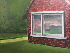 A painting of a red brick house with red shingles and a large window, in front of a green background. A yellow path cuts from the bottom left of the house to the lower left of the painting.