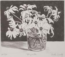 A black and white print of flowers in a vase of water.